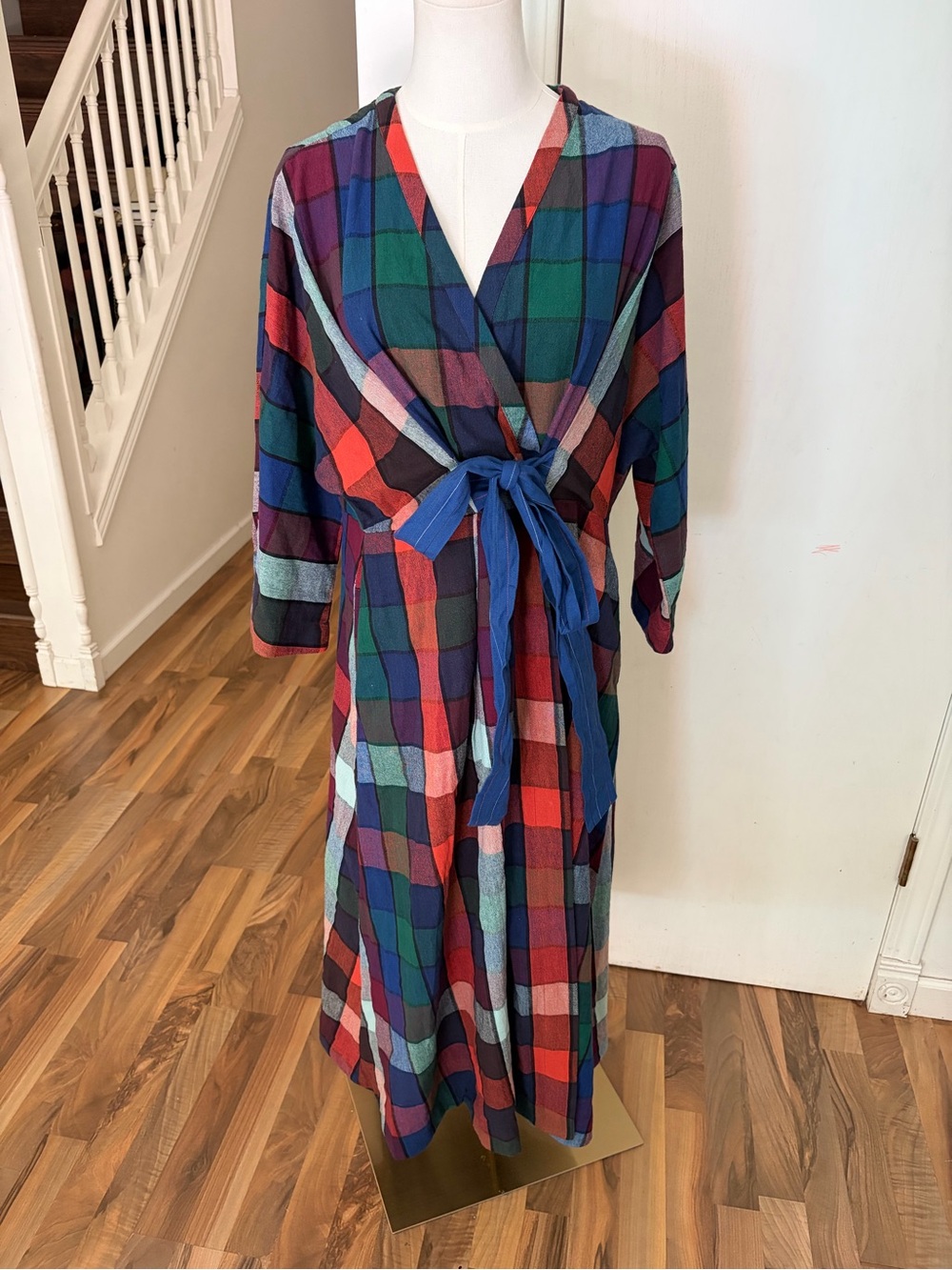 Multicolor Plaid Midi Wrap Dress with Tie Belt
